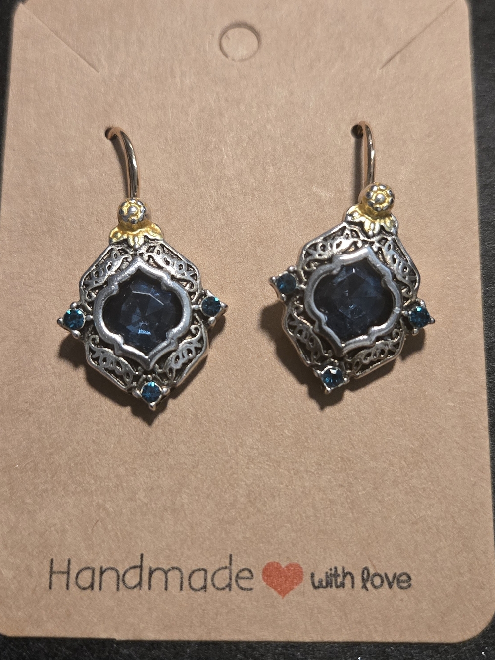 Handmade Sapphire-Tone Filigree Drop Earrings with Gold Accents